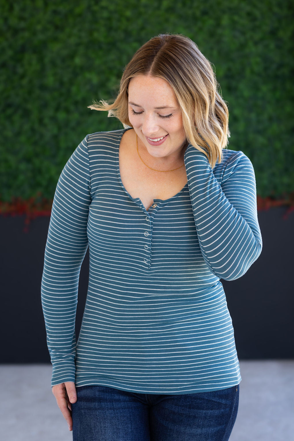 Striped Henley Long Sleeve - Dusty Teal