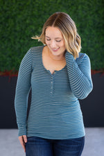 Load image into Gallery viewer, Striped Henley Long Sleeve - Dusty Teal
