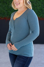 Load image into Gallery viewer, Striped Henley Long Sleeve - Dusty Teal
