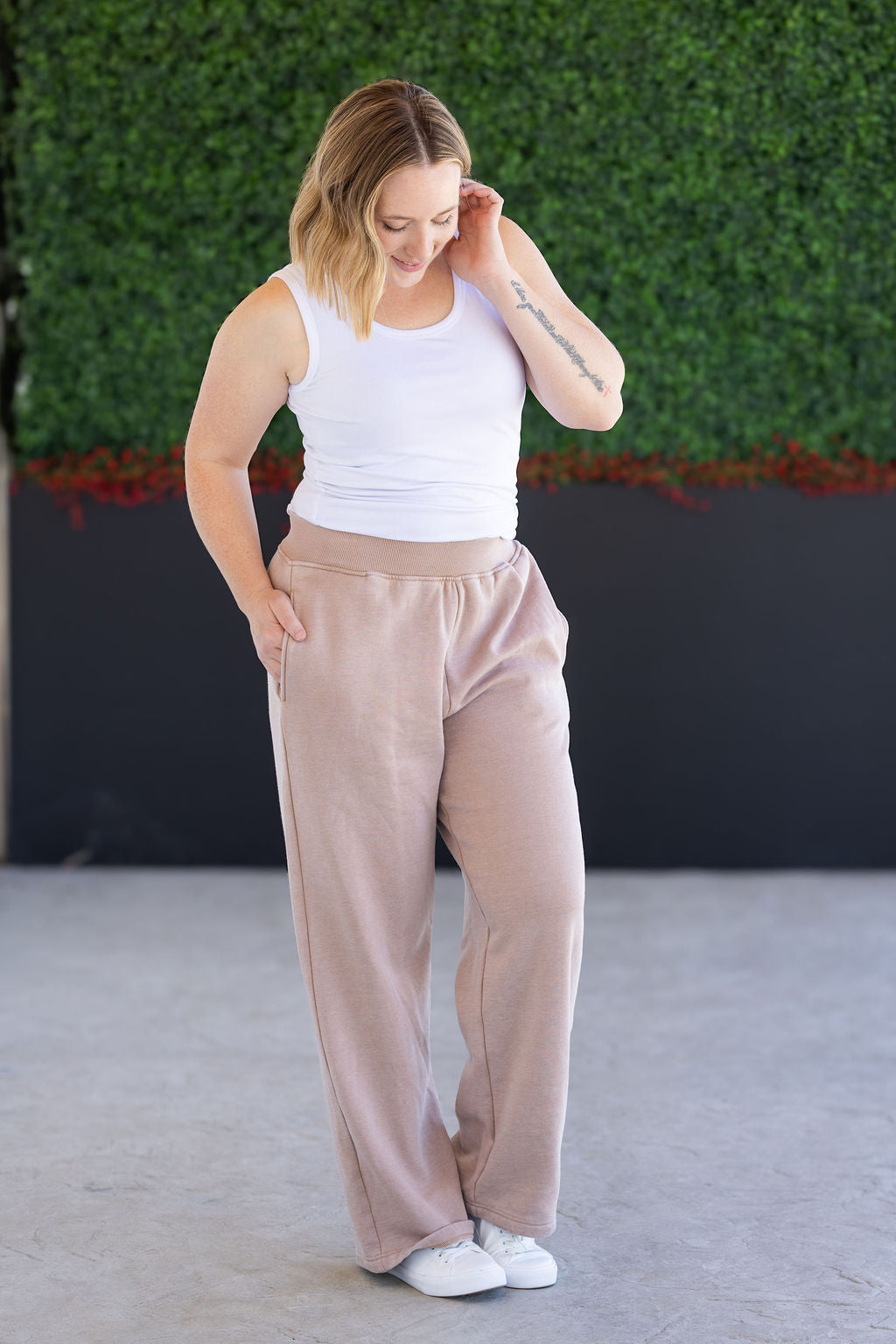 Wide Leg Vintage Wash Bottoms - Tan