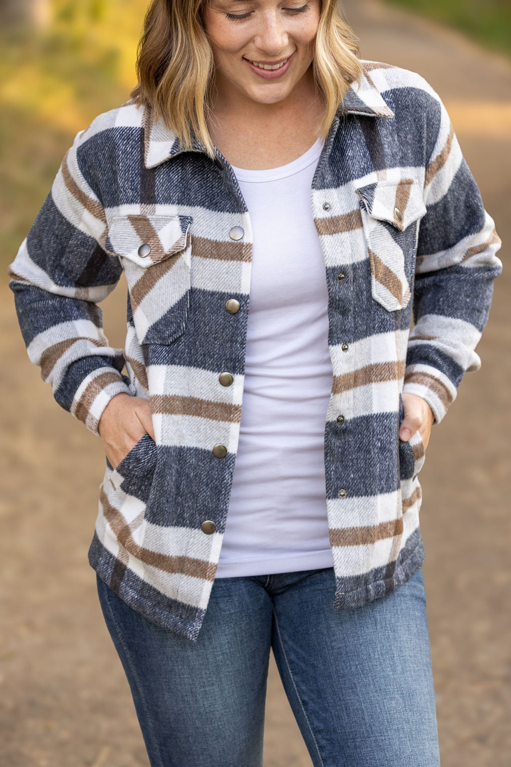 Norah Plaid Shacket - Navy and Tan