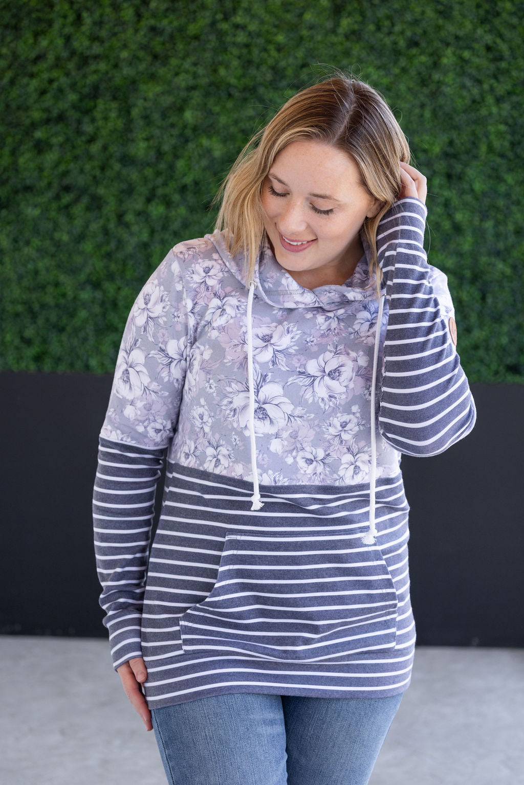 Hailey Pullover Hoodie - Vintage Grey Floral and Stripes