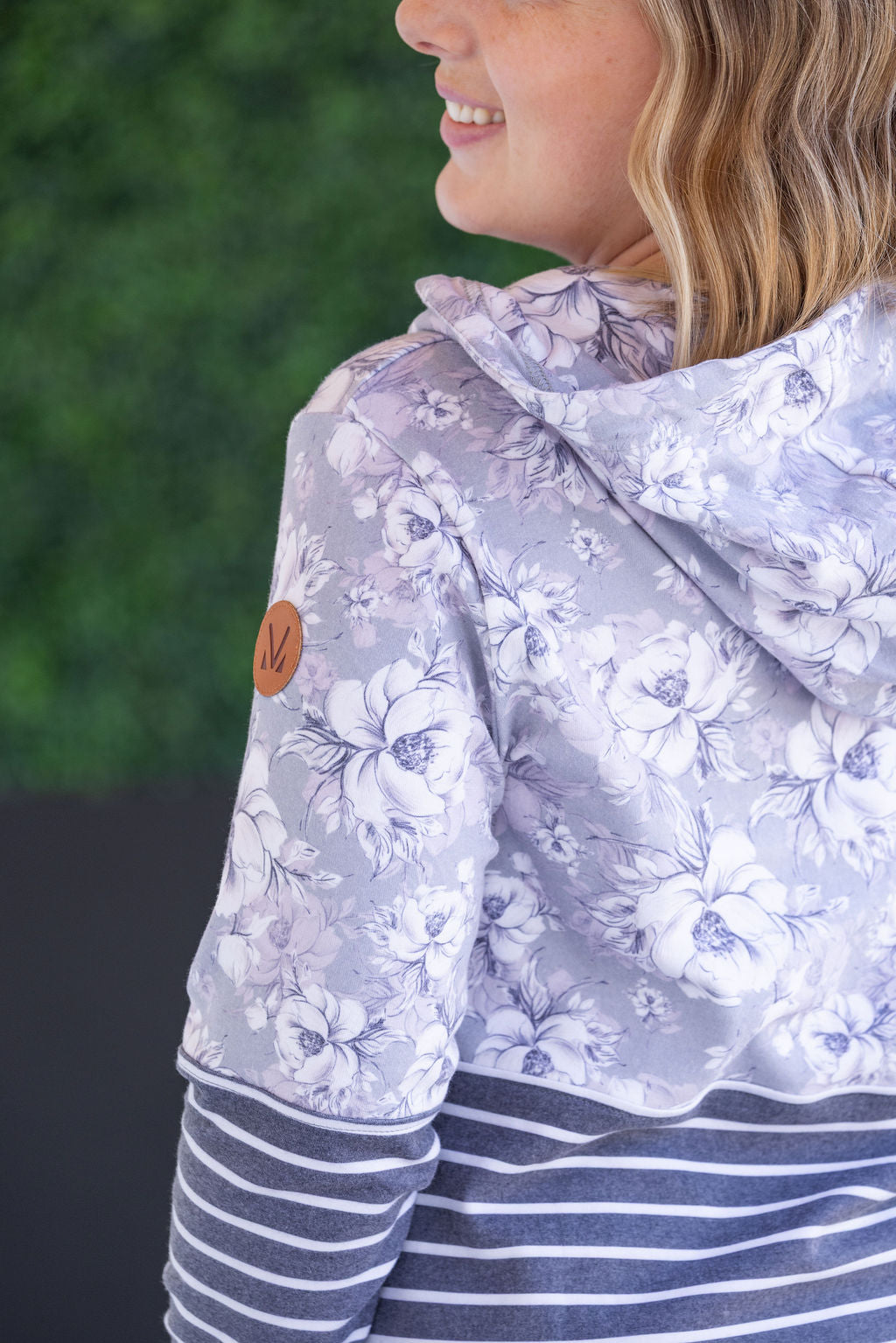 Hailey Pullover Hoodie - Vintage Grey Floral and Stripes