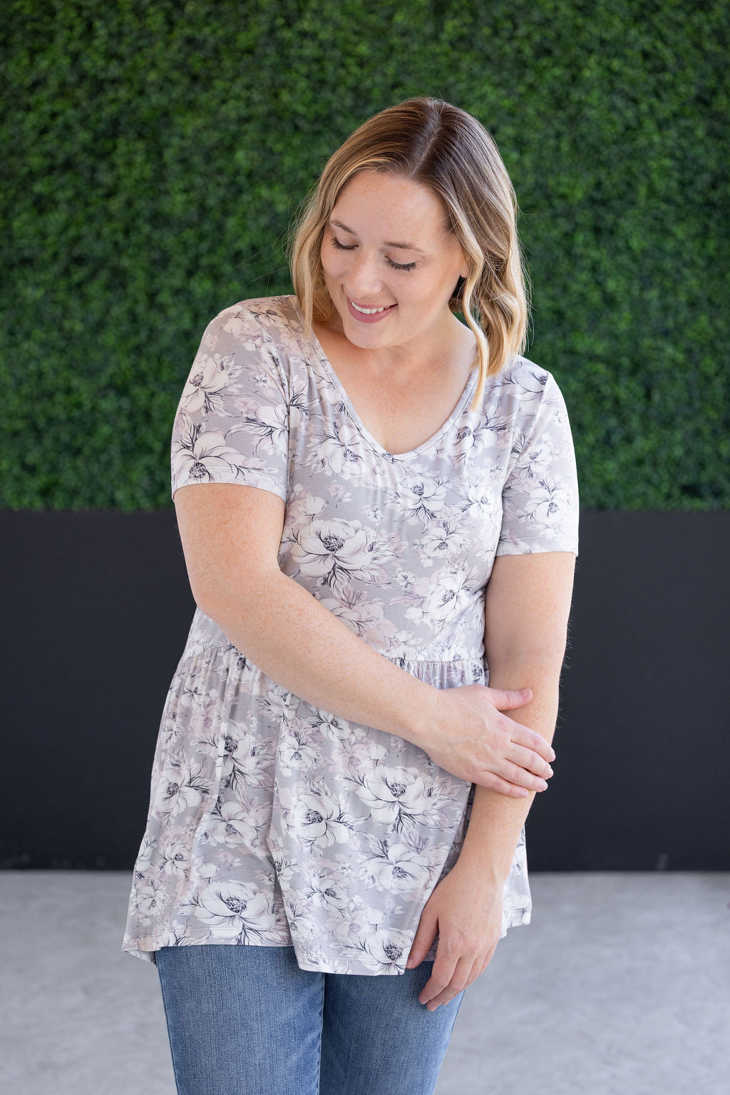 SALE! Sarah Ruffle Short Sleeve - Vintage Grey Floral