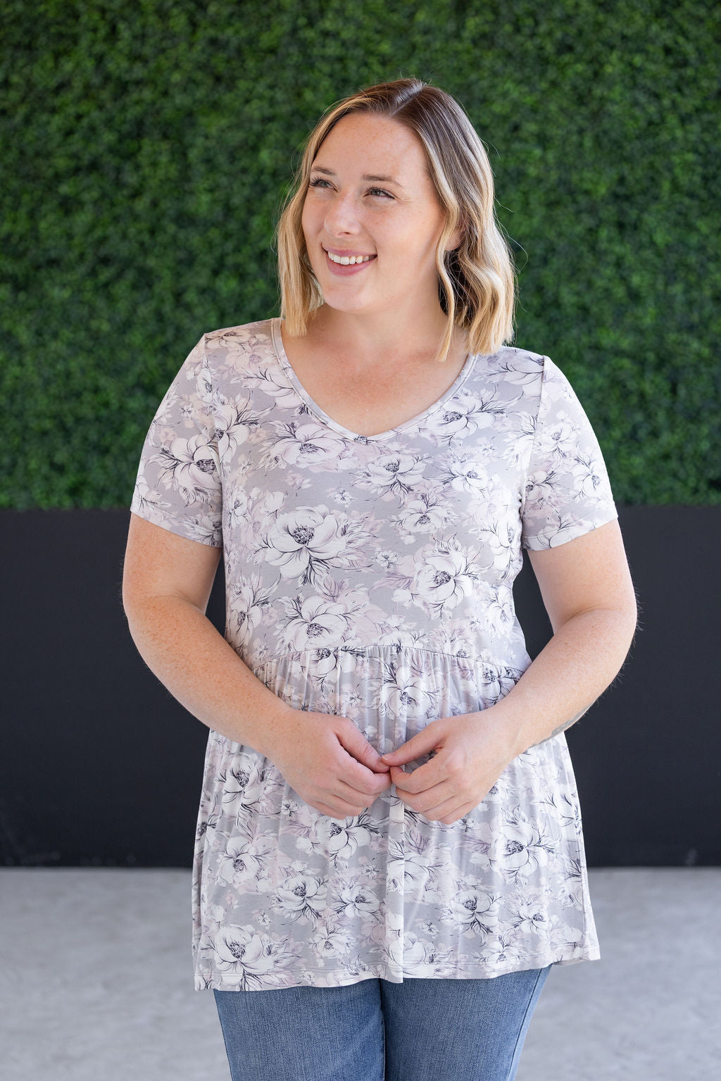 SALE! Sarah Ruffle Short Sleeve - Vintage Grey Floral