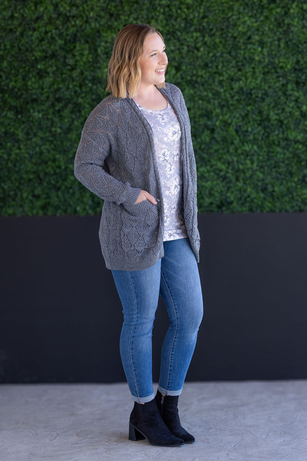 Open Knit Cardigan - Grey