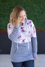 Load image into Gallery viewer, SALE! Hailey Pullover Hoodie - Burgundy Bloom and Grey Stripes
