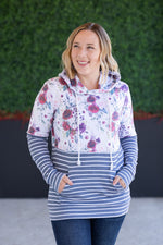 Load image into Gallery viewer, SALE! Hailey Pullover Hoodie - Burgundy Bloom and Grey Stripes
