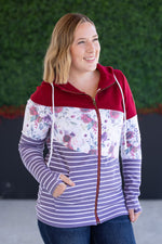 Load image into Gallery viewer, SALE! Colorblock Fullzip - Burgundy, Burgundy Bloom, and Plum Stripes
