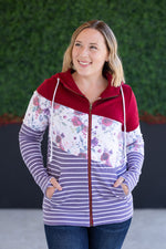 Load image into Gallery viewer, SALE! Colorblock Fullzip - Burgundy, Burgundy Bloom, and Plum Stripes
