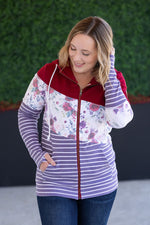 Load image into Gallery viewer, SALE! Colorblock Fullzip - Burgundy, Burgundy Bloom, and Plum Stripes
