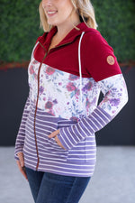 Load image into Gallery viewer, SALE! Colorblock Fullzip - Burgundy, Burgundy Bloom, and Plum Stripes
