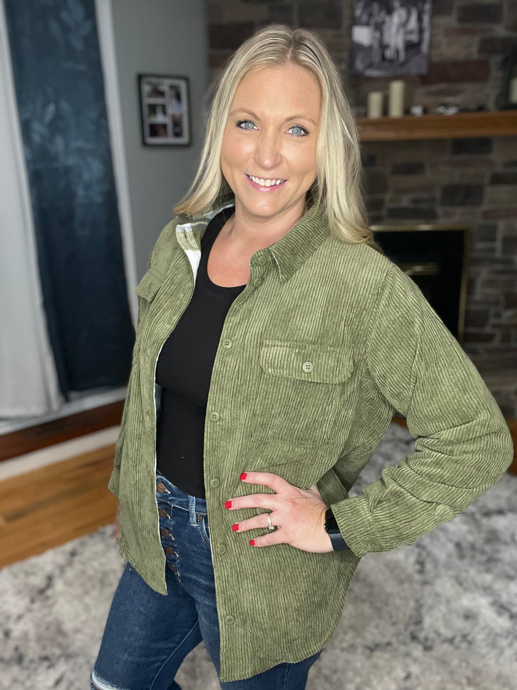 Corduroy & Plaid Flannel Shacket-Olive