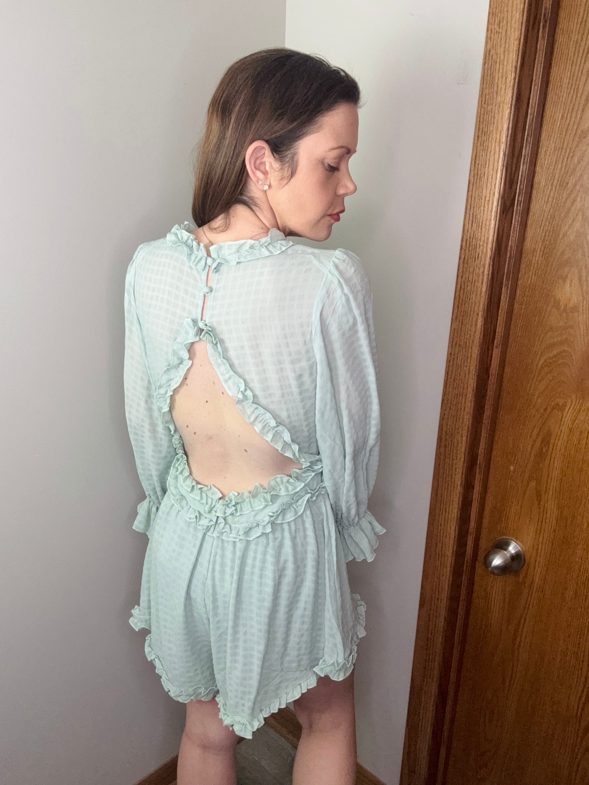 Sage Whisper Ruffle Romper