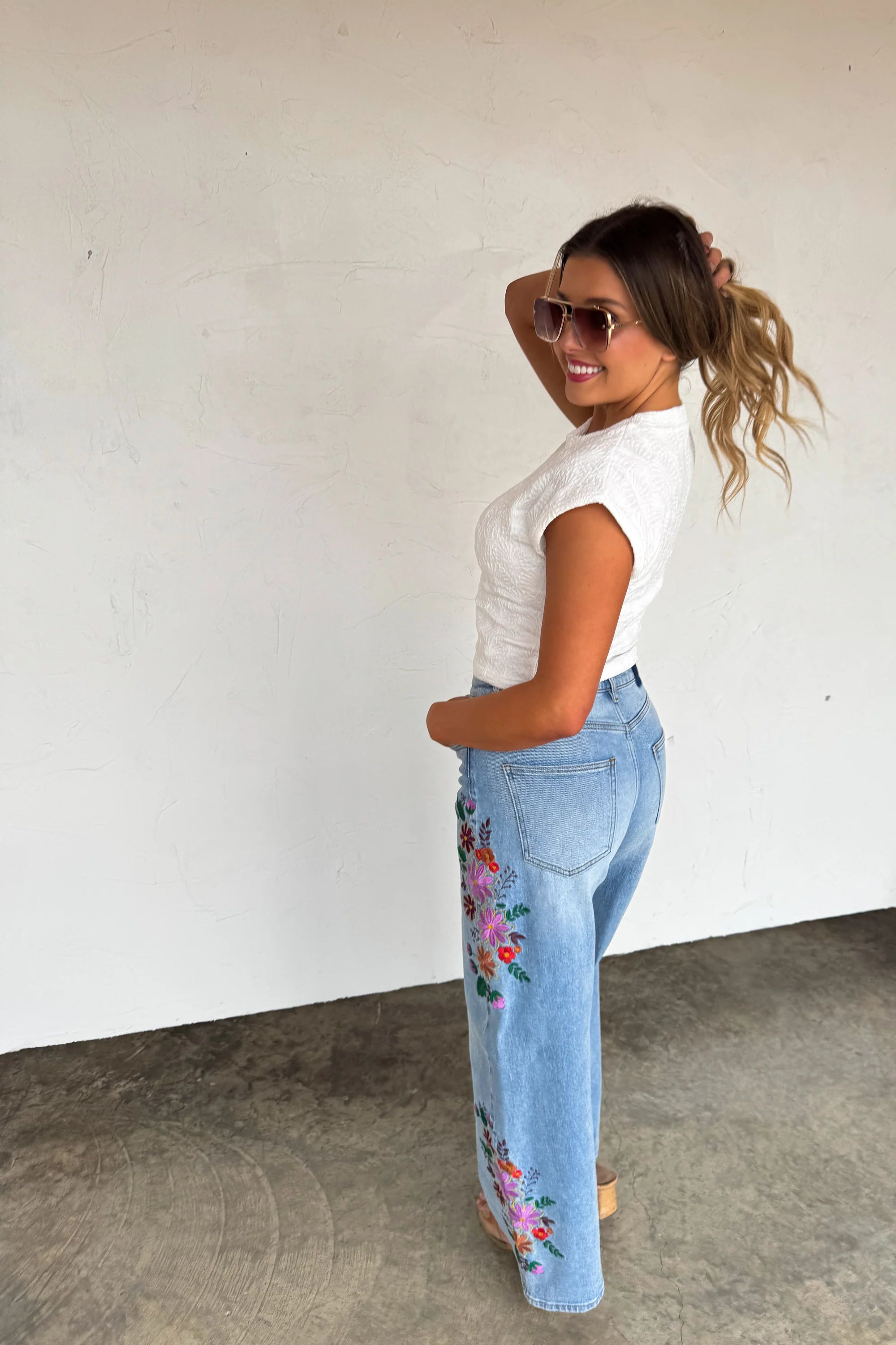 Evie Floral Embroidered Wide Leg Jeans