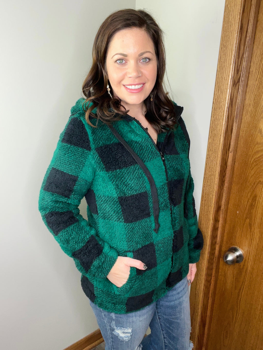 **Sherpa Full Zip Hoodie - Green Plaid FINAL SALE