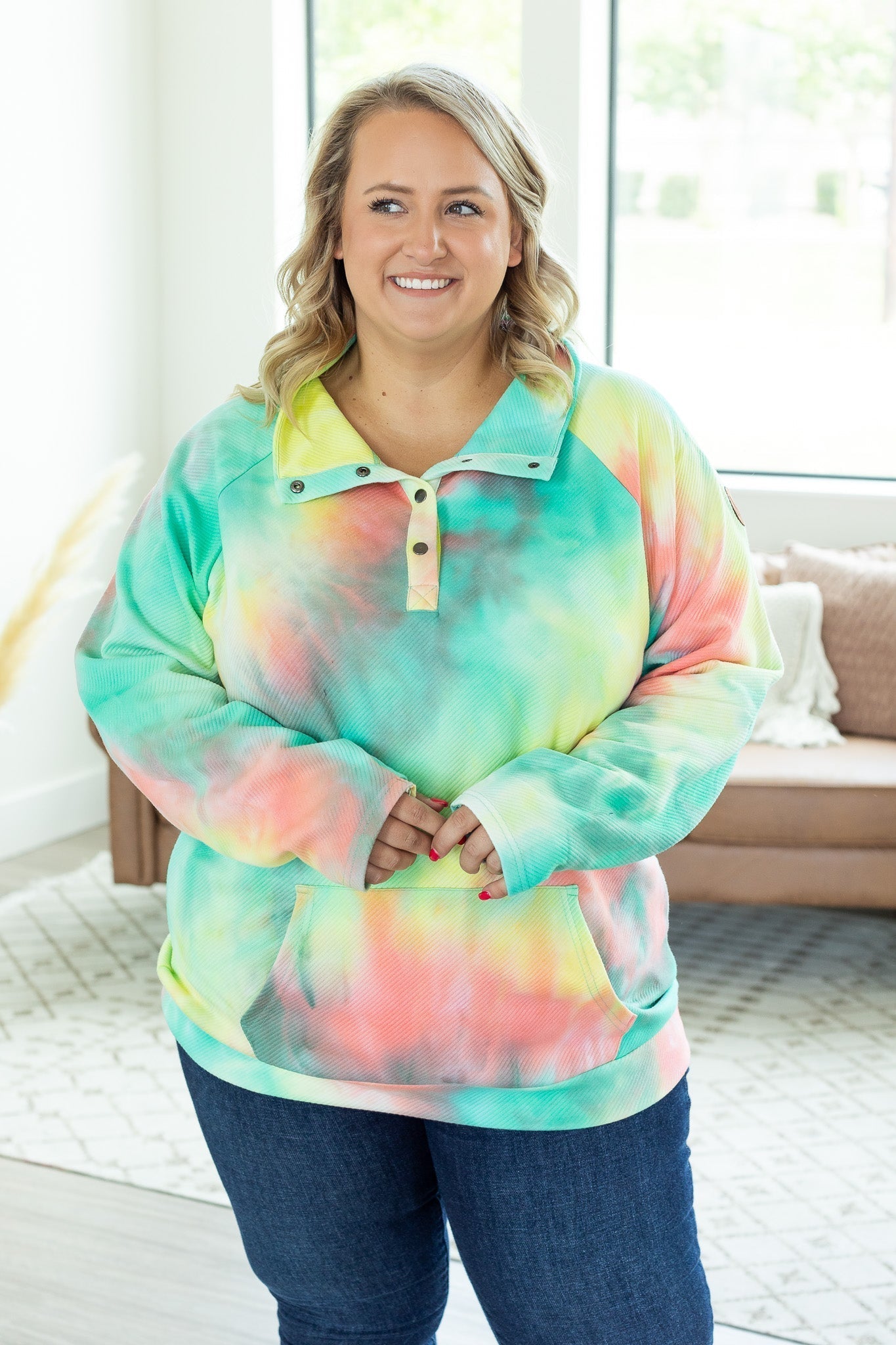 Quilted Button Snap Pullover - Tie Dye Mojito