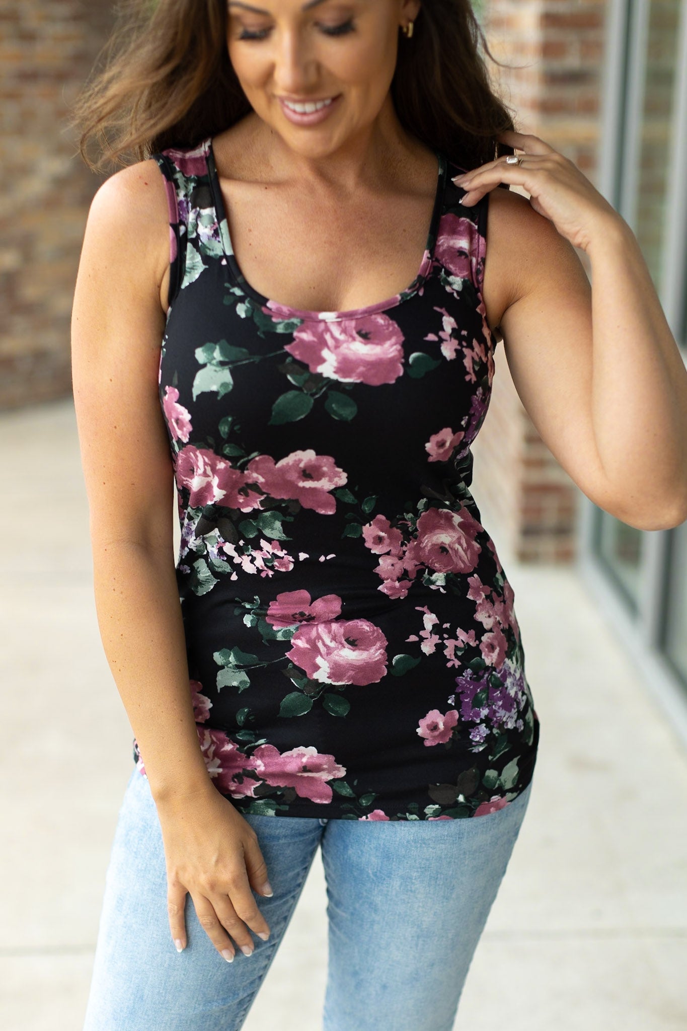 Luxe Crew Tank - Black and Mauve Floral