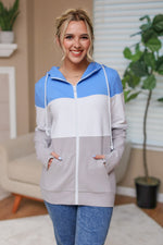 Load image into Gallery viewer, Colorblock Fullzip Women&#39;s Hoodie | Detroit Blue, White, Grey
