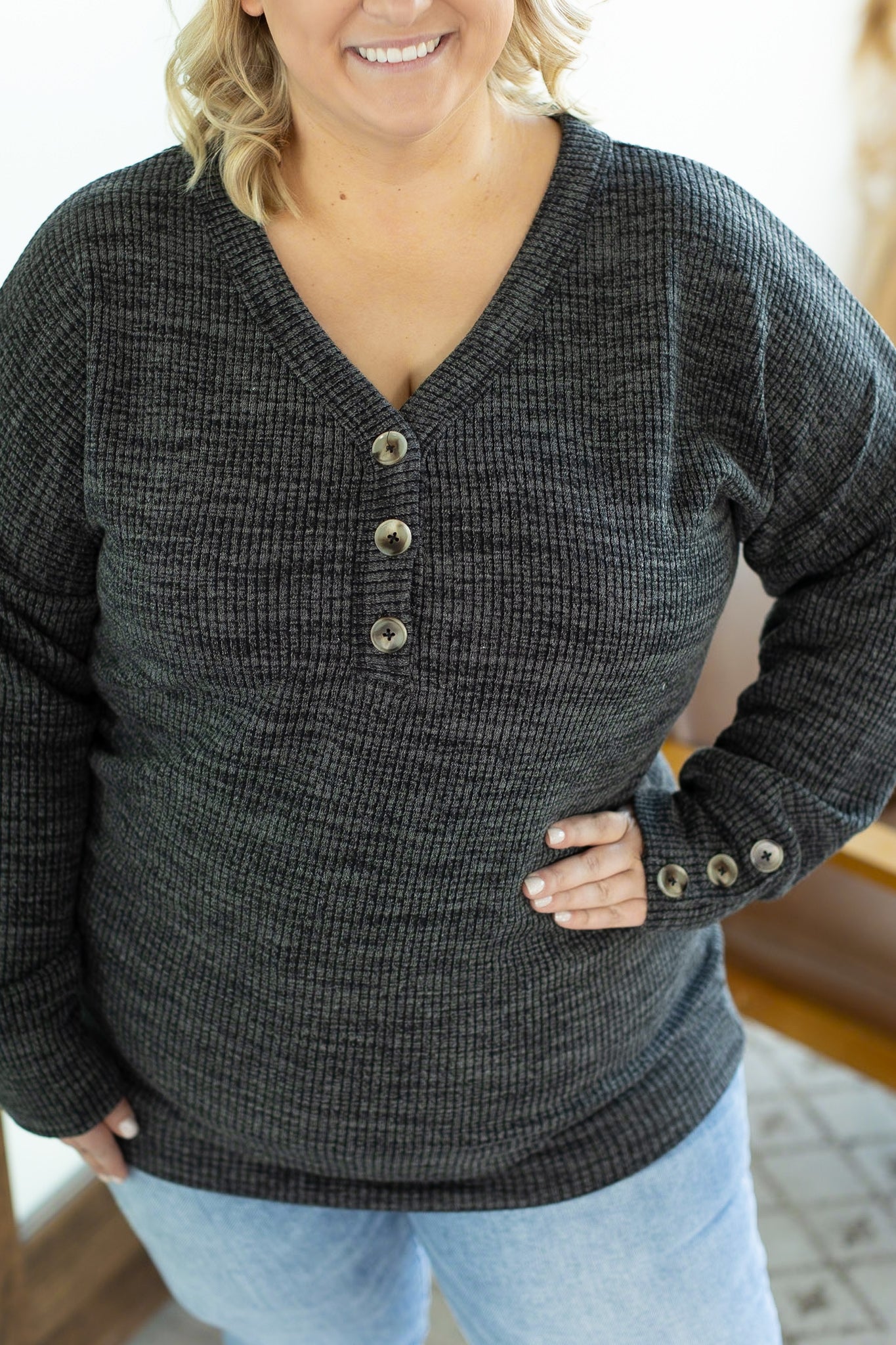 Brittney Button Sweater - Charcoal