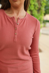 Brielle Henley Ribbed Long Sleeve - Terra Cotta