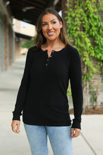 Load image into Gallery viewer, Brielle Henley Ribbed Long Sleeve - Black
