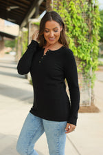 Load image into Gallery viewer, Brielle Henley Ribbed Long Sleeve - Black
