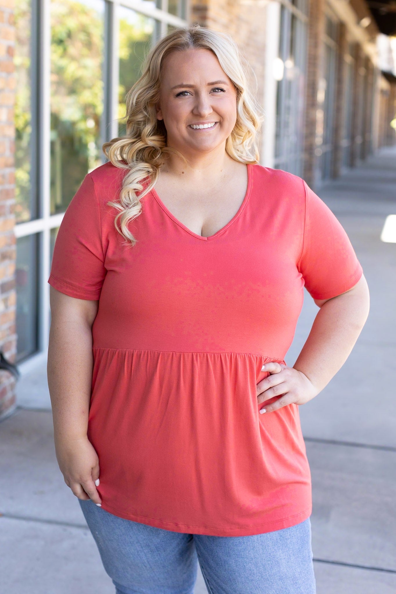 Sarah Ruffle Short Sleeve - Deep Coral | Women's Top