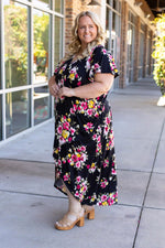 Load image into Gallery viewer, Harley High-Lo Dress - Black with Pink and Yellow Floral
