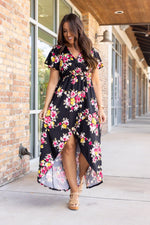 Load image into Gallery viewer, Harley High-Lo Dress - Black with Pink and Yellow Floral
