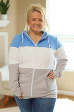 Load image into Gallery viewer, Colorblock Fullzip Women&#39;s Hoodie | Detroit Blue, White, Grey
