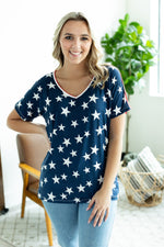 Load image into Gallery viewer, Chloe Cozy Tee - Navy Stars and Stripes
