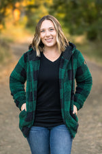 Load image into Gallery viewer, **Sherpa Full Zip Hoodie - Green Plaid
