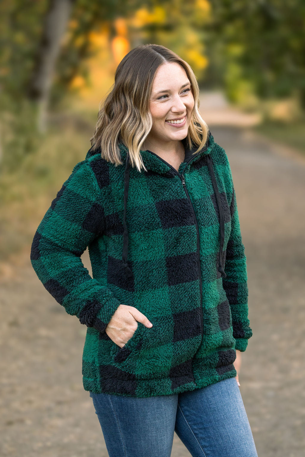 **Sherpa Full Zip Hoodie - Green Plaid