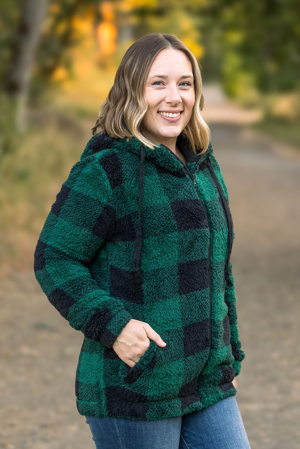 **Sherpa Full Zip Hoodie - Green Plaid FINAL SALE