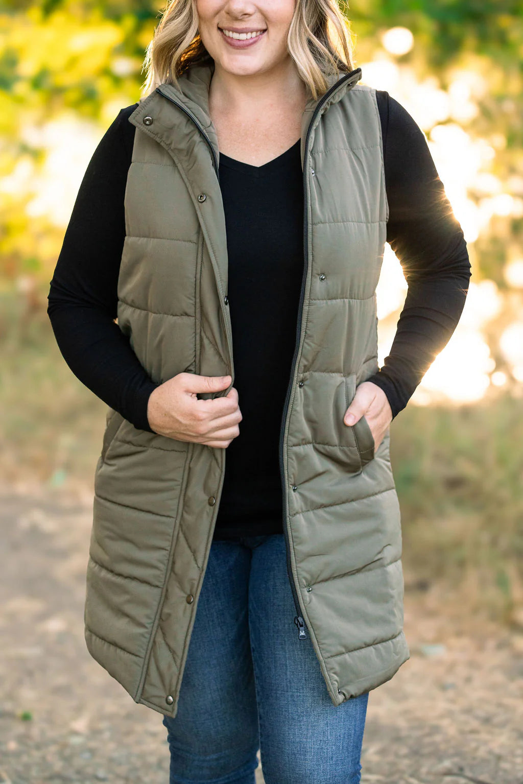 Harlow Long Vest (Olive & Black)