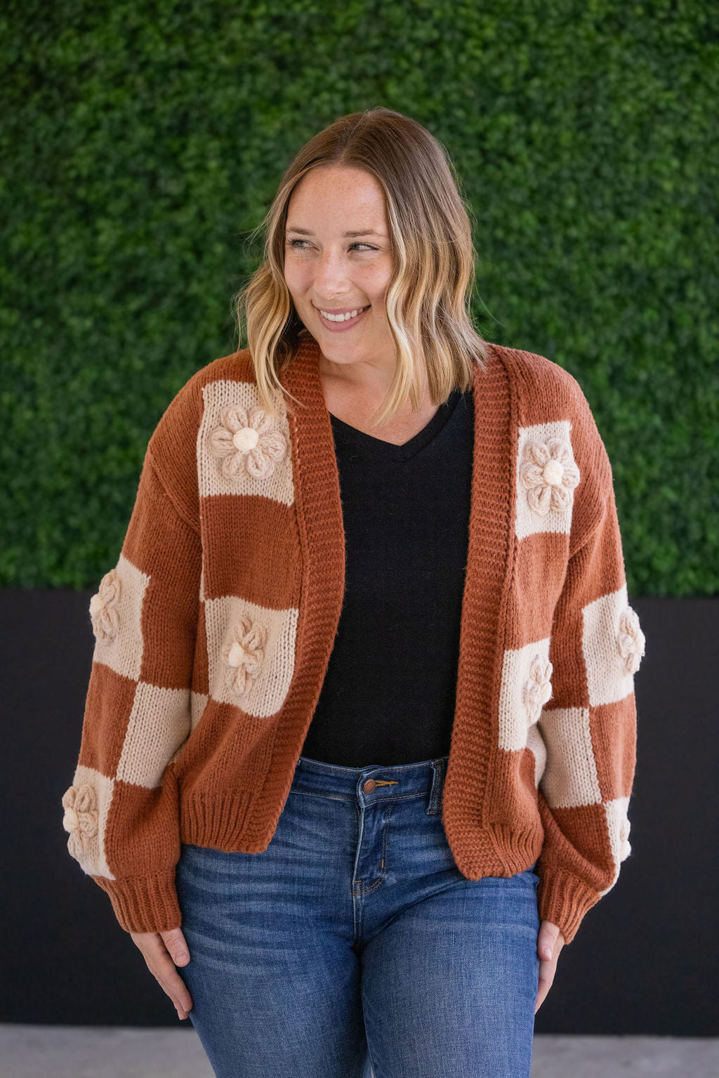 Floral Checker Cardigan - Rust