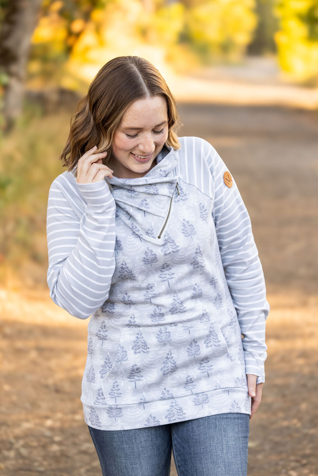 Classic Zoey ZipCowl Sweatshirt - Grey Trees and Stripes