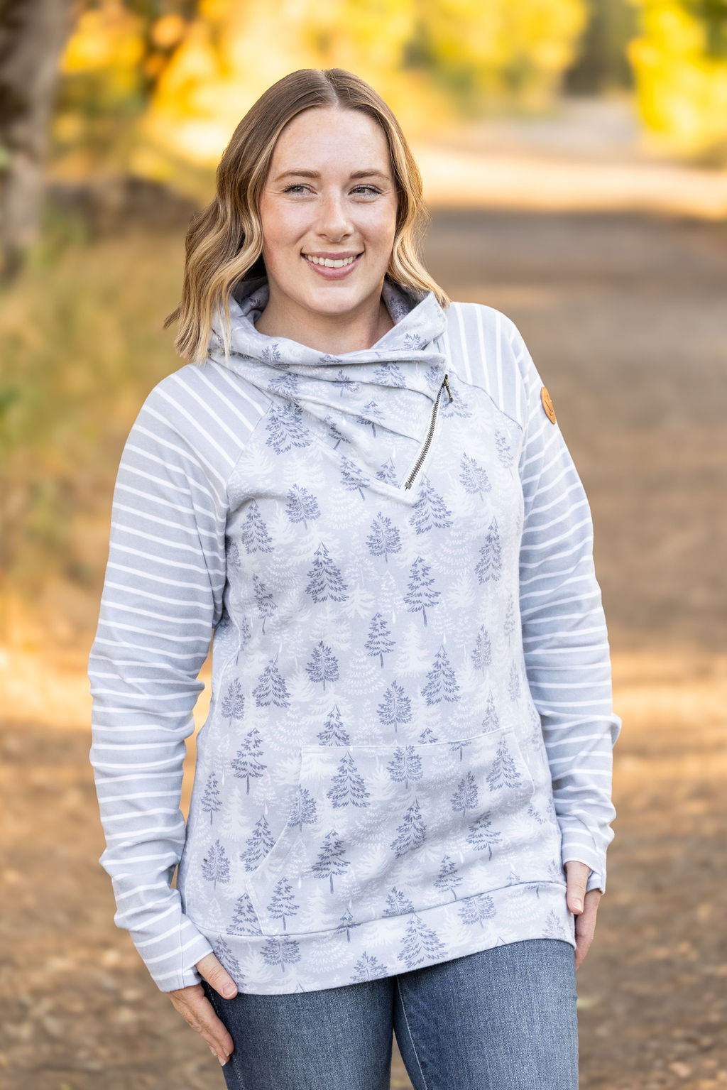 Classic Zoey ZipCowl Sweatshirt - Grey Trees and Stripes