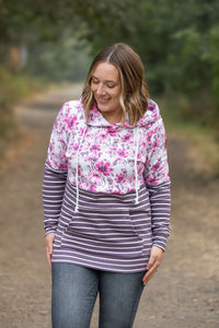 Hailey Pullover Hoodie - Pink Floral and Stripes