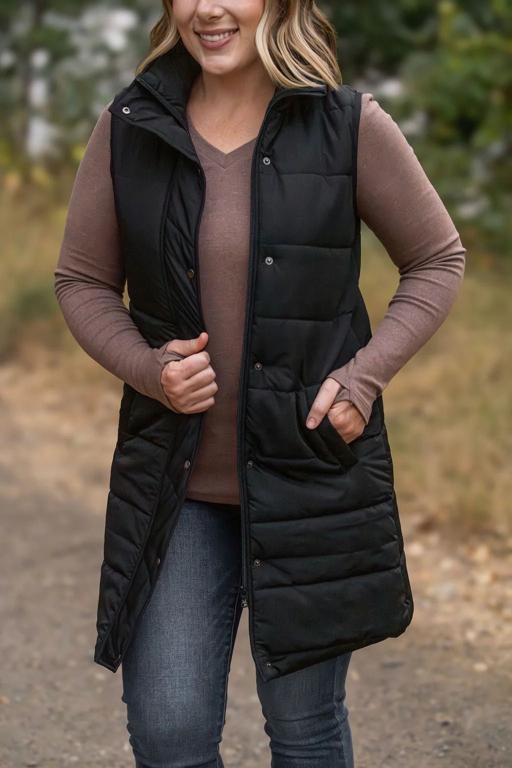 Harlow Long Vest (Olive & Black)