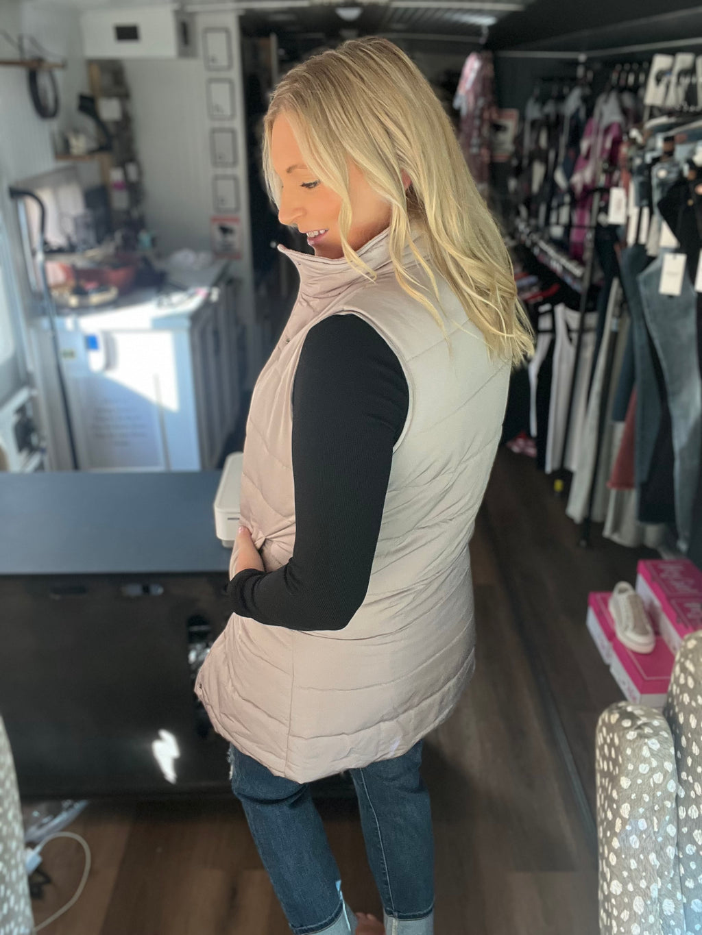 In Stock Harlow Long Vest in Latte