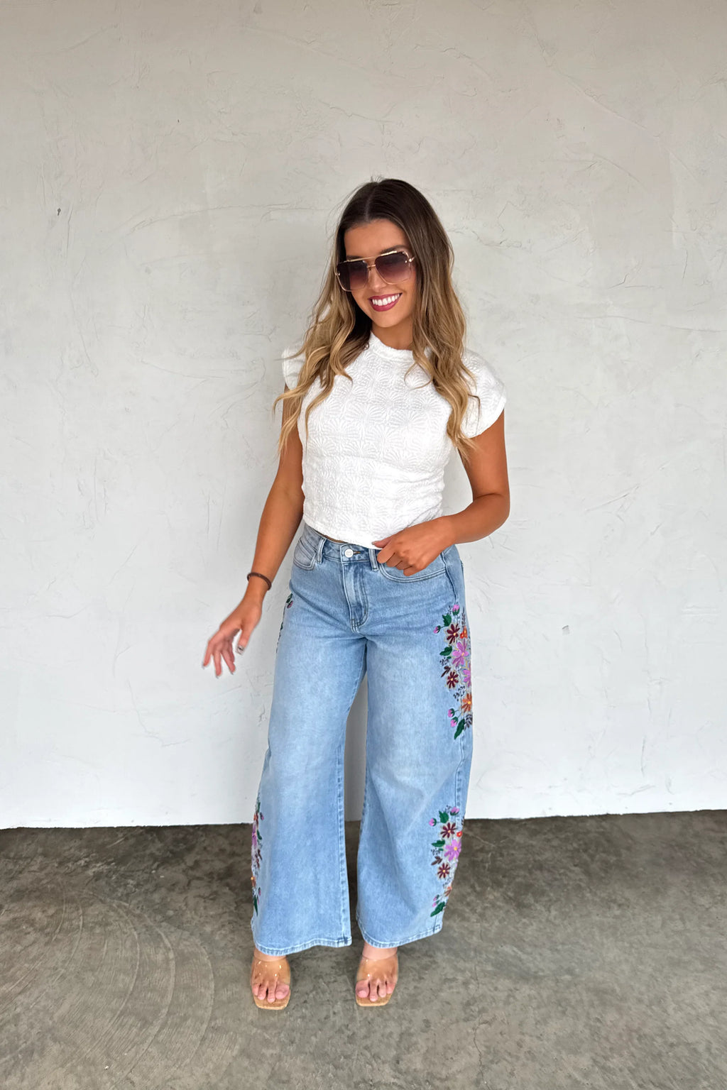 Evie Floral Embroidered Wide Leg Jeans