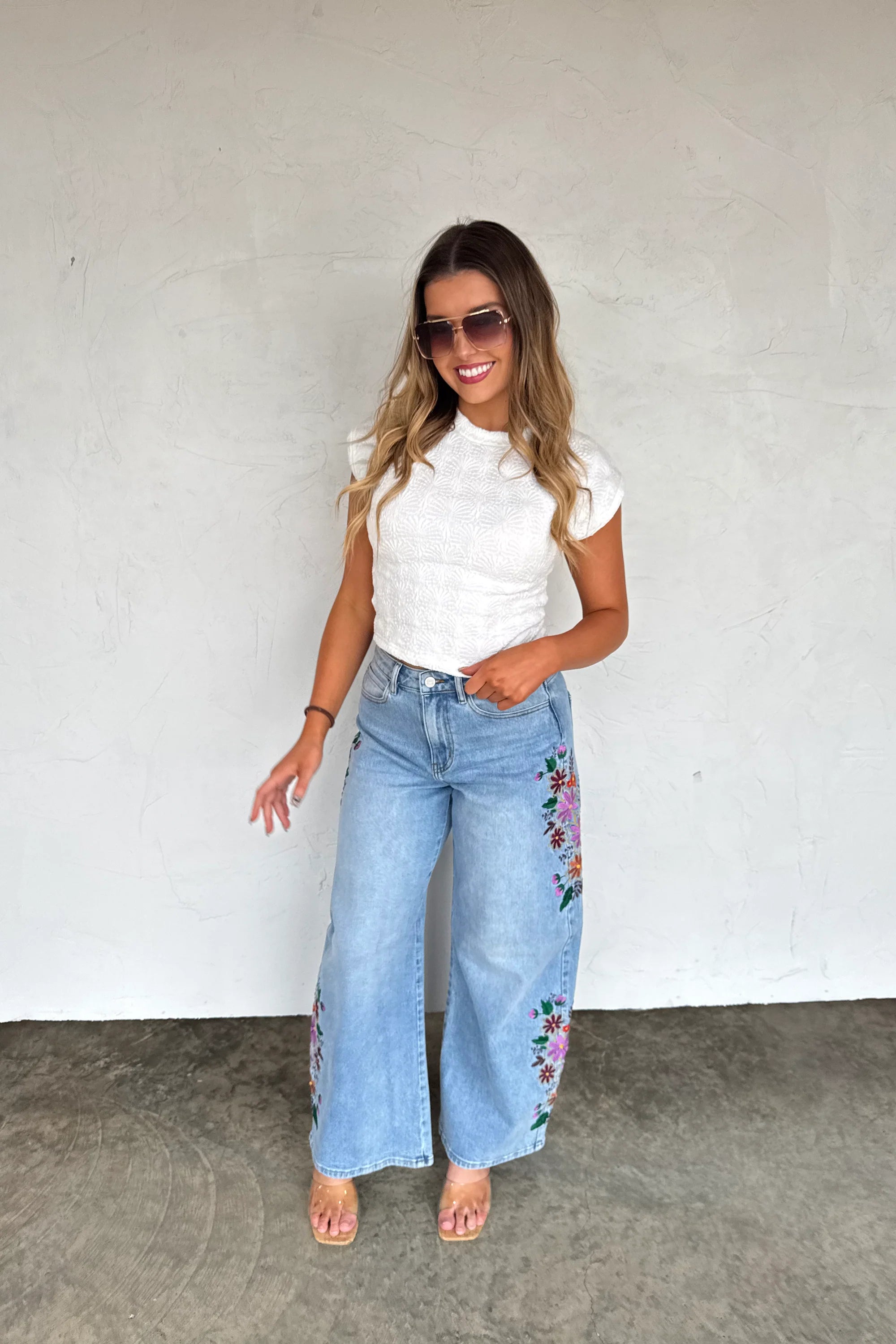 Evie Floral Embroidered Wide Leg Jeans