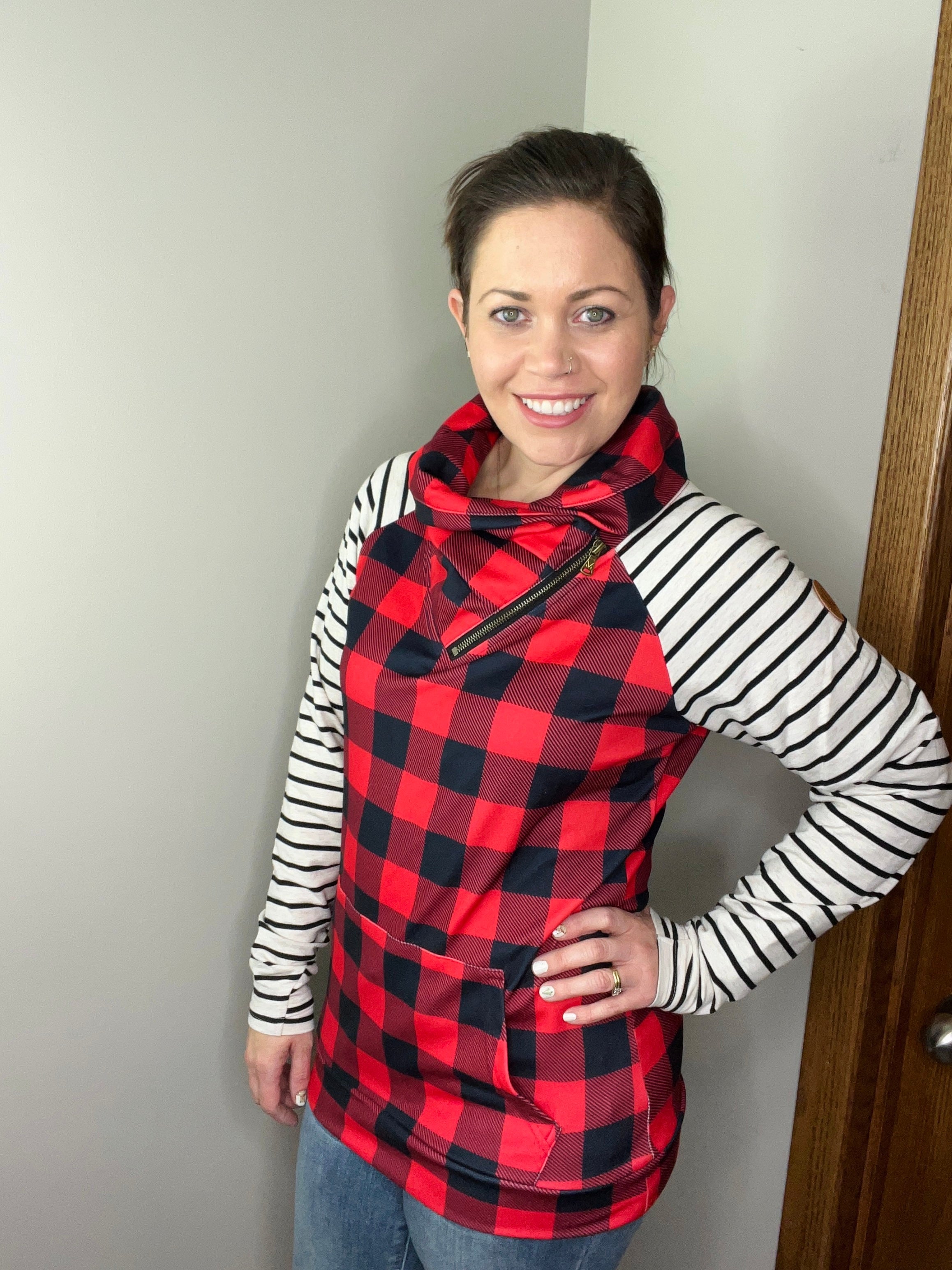 **Zoey ZipCowl - Buffalo Plaid and Oatmeal Stripes