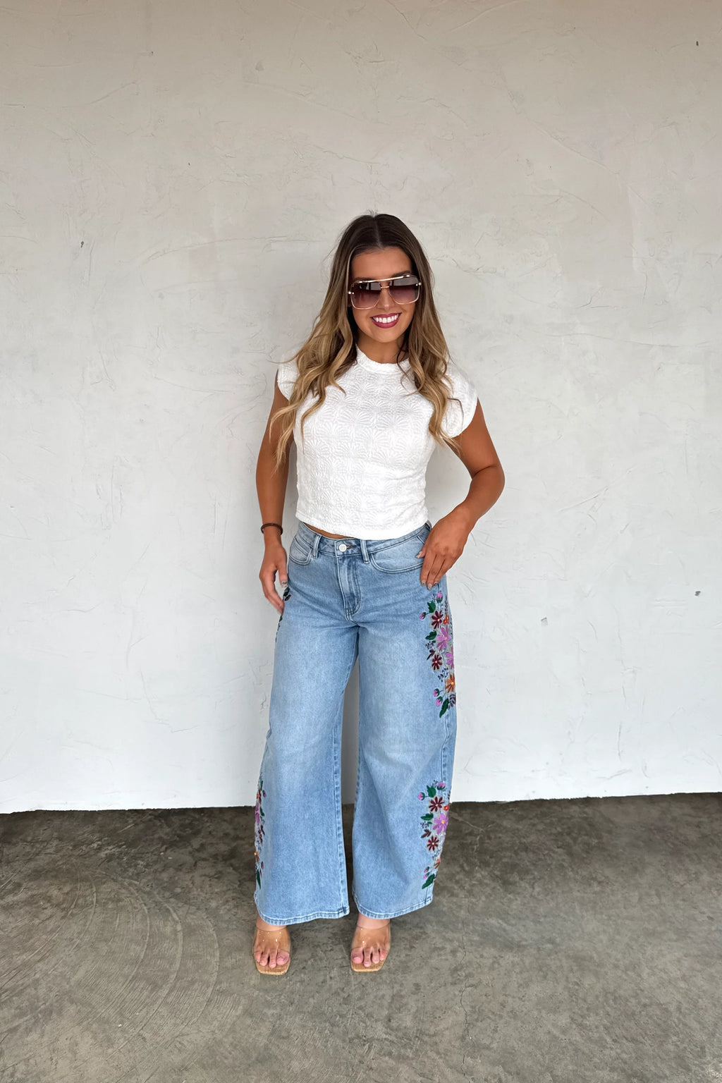 Evie Floral Embroidered Wide Leg Jeans