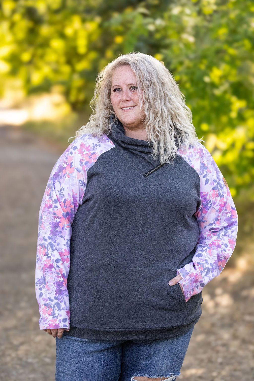 Zoey ZipCowl - Charcoal and Fall Floral Leaves