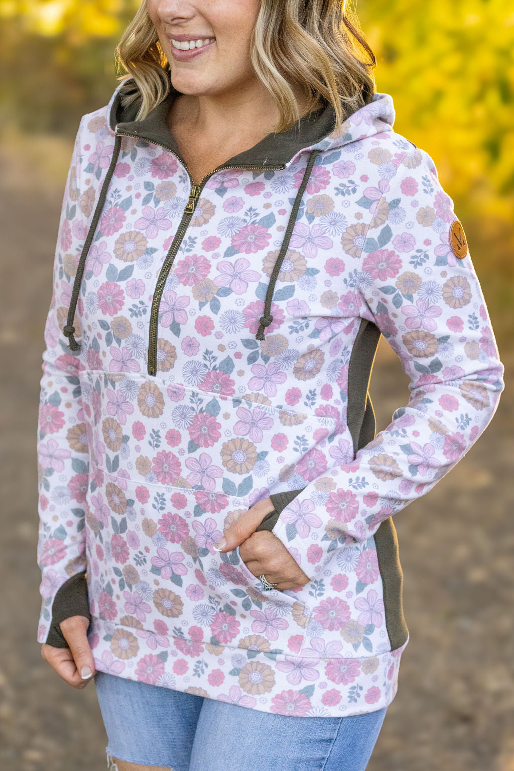 HalfZip Hoodie - Boho Fall Floral and Olive