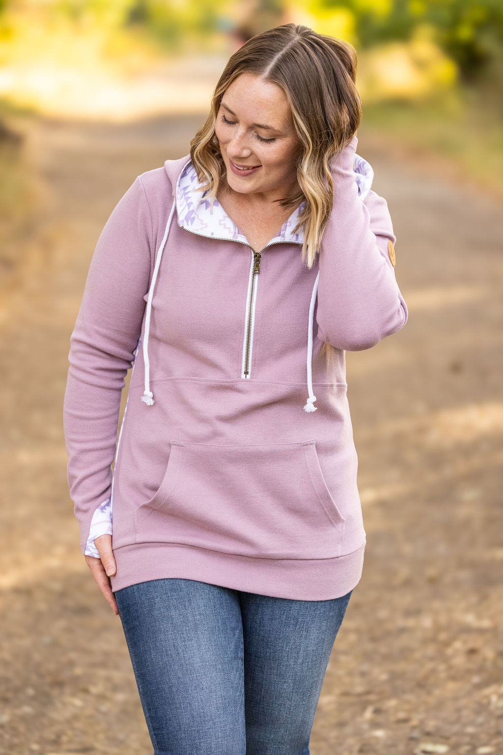 HalfZip Hoodie - Mauve and White Geometric