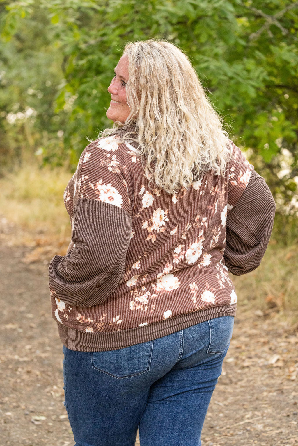 Ramona Ribbed Floral Zip Up - Brown